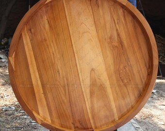 Handmade Teak Wood Ottoman Tray, Oversized Round Serving Tray, Farmhouse Decor