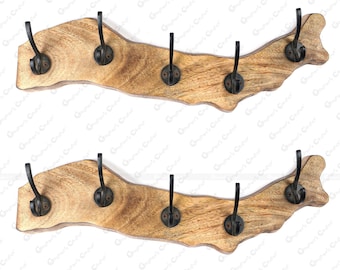 Set of 2 Live Edge Wooden Wall Hooks | Rustic Entryway Coat Rack (17" x 5")