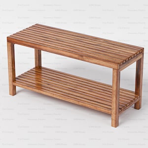 May include: A rectangular wooden bench with a slatted top and a lower slatted shelf. The bench is made of light brown wood and has a simple, minimalist design. The bench is 48 inches long, 16 inches wide, and 18 inches high.