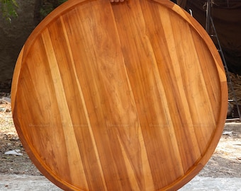 Handmade Teak Wood Ottoman Tray, Oversized Round Serving Tray, Farmhouse Decor