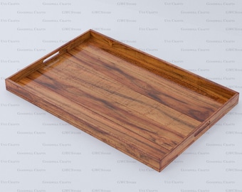 Bandeja de servicio extragrande de madera de teca sin asas, reposapiés con almacenamiento, decoración rústica para el hogar, regalo de cumpleaños