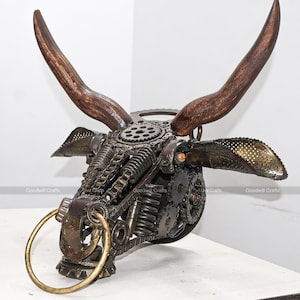 Wrought Iron Buffalo Head Sculpture Handcrafted | Faux Longhorn Skull Wall Hanging | Farmhouse Cow Skull Sculpture | Recycled Bull Head Art