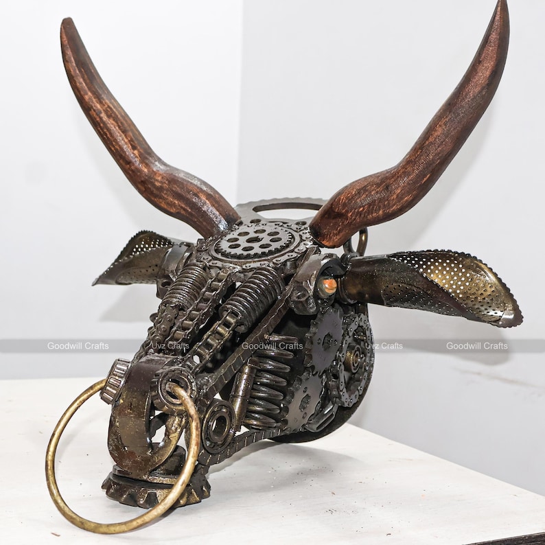 Wrought Iron Buffalo Head Sculpture Handcrafted | Faux Longhorn Skull Wall Hanging | Farmhouse Cow Skull Sculpture | Recycled Bull Head Art