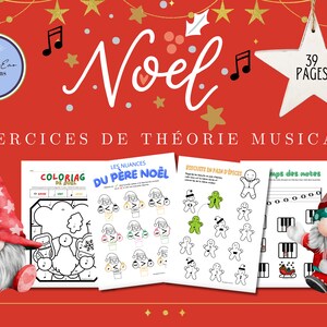 Peut inclure: Un ensemble de 39 feuilles de travail imprimables de théorie musicale de Noël pour les enfants. Les feuilles de travail présentent des pages à colorier, l'identification des notes et des exercices de rythme. Les feuilles de travail sont décorées de lutins de Noël festifs et de bonhommes en pain d'épices.