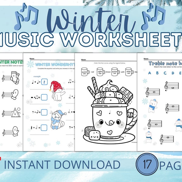 WINTER MUSIC WORKSHEETS - Printable - Instant Download - Music theory - Kids - Music learning - Elementary music - Music lessons