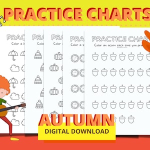 Peut inclure: Quatre tableaux d'exercices imprimables pour enfants sur le thème de l'automne. Les tableaux comprennent des images d'un parapluie, d'un chapeau, d'une citrouille, d'un soleil et de glands. Le texte sur les tableaux indique "PRACTICE CHARTS" et "Color an acorn each time you practice".