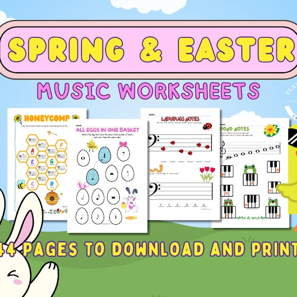Spring and Easter MUSIC WORKSHEETS - piano - for kids - to print - music activity - fun music sheets