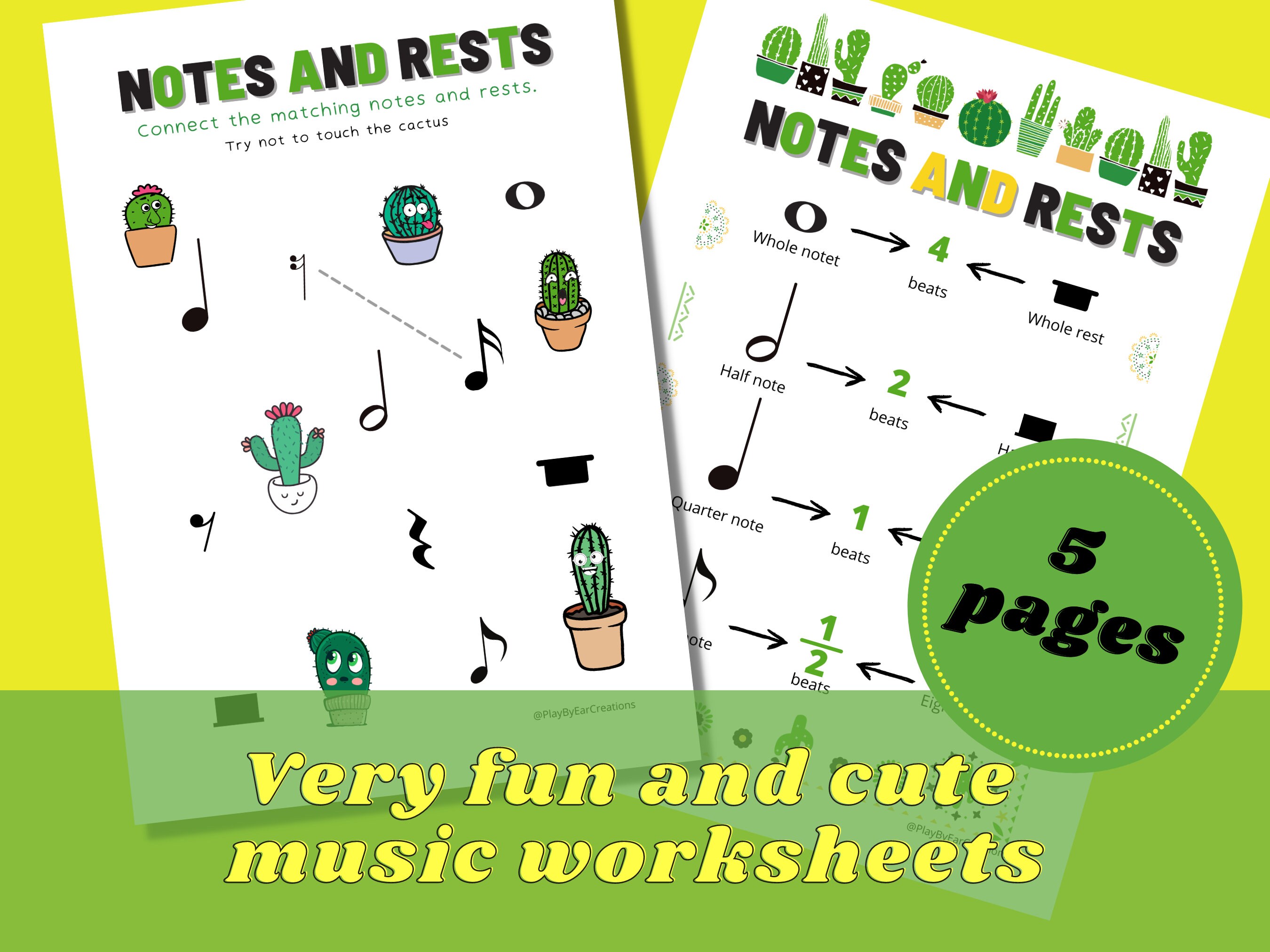 PRINTABLE -music Worksheet - Notes and Rests - Fun Cactus Theme ...