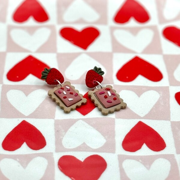 Strawberry Poptart Earrings, lightweight statement earrings,  polymer clay earrings, modern jewelry, simple jewelry, food themed earrings