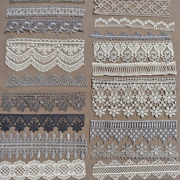 20pc Grey lace from Istanbul, Turkey; Perfect craft embellishment for Junk Journals, Cards, Collage, Mixed Media, Slow Stitch, Crazy Quilts