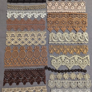 20pc Brown/gold lace (set 2) from Istanbul, Turkiye; perfect craft assortment for Junk Journals, Card making, Collage, Mixed Media, more!