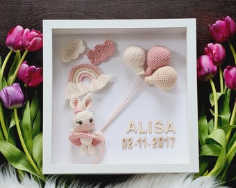 3D Bilderrahmen für Babyzimmer, Kinderzimmer Gehäkeltes Hase, Reh, Lämmchen für jungen oder Mädchen. Geschenkideen zur Geburt