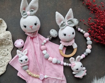 Personalized Crocheted Bunny Pacifier Chain, Rattle, Stroller Chain Baby Set, Gift for Baptism, Birth, Christmas