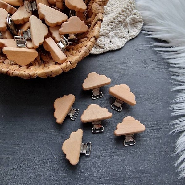 Holz Schnullerkette clips, ahorn holz clips, Holzclips mit Lasergravur, basteln, clips, Kinderwagenkette clips, wolke clips, Natur clips.