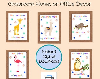 5 Growth Mindset Printable Posters, Digital Download, Animal Wall Decor, Cute Digital Classroom Signs, Printable Positive Mindset Posters