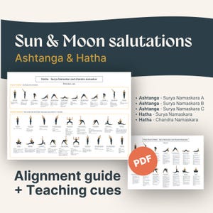 May include: A digital yoga guide titled Sun & Moon salutations Ashtanga & Hatha featuring illustrated sequences for Surya Namaskar and Chandra Namaskar. The document includes alignment cues, teaching instructions, and a PDF icon for download.