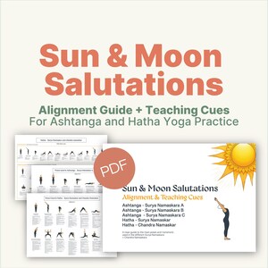 Op de afbeelding: Een digitale PDF-gids getiteld Sun & Moon Salutations: Alignment Guide + Teaching Cues for Ashtanga and Hatha Yoga Practice. Het document bevat illustraties van yogahoudingen, een gele zon en teksten met instructies.