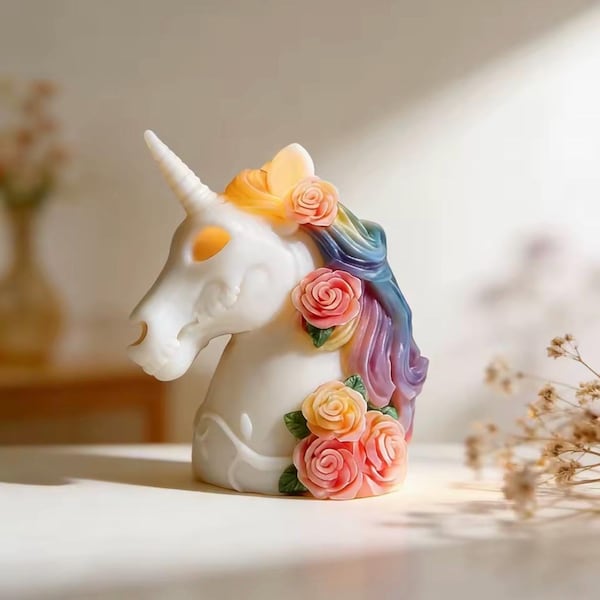 3D Floral Unicorn Head Silicone Mold | Fantasy Rose Candle, Soap Resin Crafting