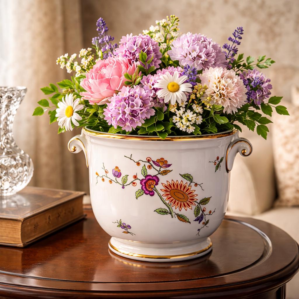 Richard Ginori Porcelain Cachepot: Mid-century Floral Vase With