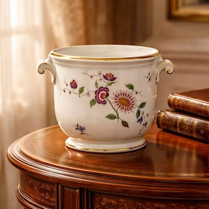 Richard Ginori Manifattura di Doccia Itália Cachepot de porcelana floral 7 "vaso plantador com borda dourada alças de meados do século moderno