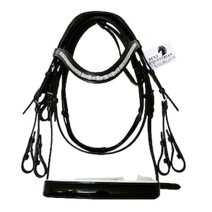 Black Patent Leather Dressage Bridle: Crystal Browband, Padded Headpiece