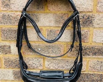 Patent Snaffle Bridle with Reins: Padded Comfort Cutback, Horse Jumping Dressage, Black & Brown Leather