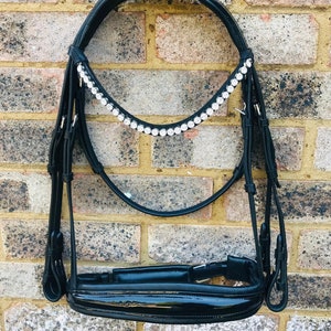 Patent Leather Dressage Bridle: Anatomical Padded Headpiece, Crystal Browband