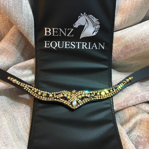 Gold & Unicorn Crystal browbands curve U Shape in cob and Full Size black leather Dressage bridle