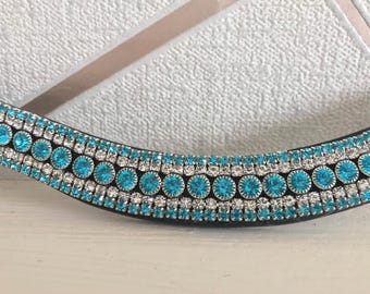 Turquoise Crystal & Silver Clear Crystal Browband Black and BrownLeather, Hand Stitched Curve U shape pony cob full xfull