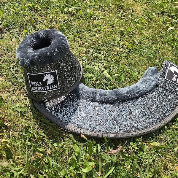 Grey Glitter Bell Boots Overreach Boots Grey Fleece Fluff Top Neoprene Lined pony cob full xfull