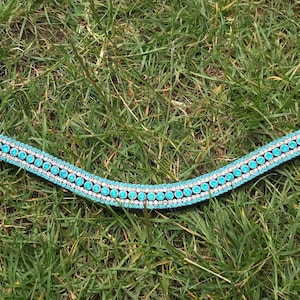 Turquoise Aqua & Silver Clear Crystal 5 Row browbands curve U Shape in pony cob Full, xfull Size black and brown leather for Dressage bridle