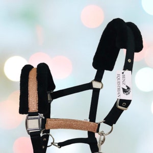 Rosegold Glittter  & Grey Glitter Show Headcollar Fleece Fluff black Nylon Full Cob and Pony