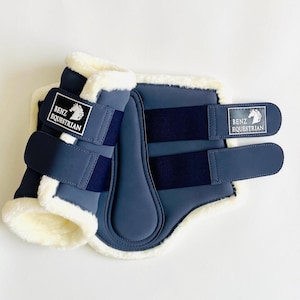 Blue suede horse brushing boots fleece fluff small medium large xlarge or pony cob full & xfull size tendon protection dressage hacking