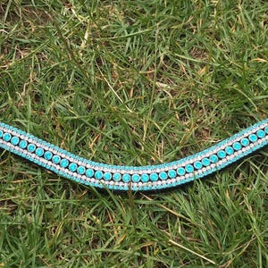 Turquoise Aqua & Silver Clear Crystal 5 Row browbands curve U Shape in pony cob Full, xfull Size black and brown leather for Dressage bridle