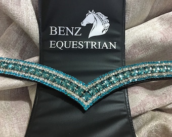 Mega Sparky Blingy turquoise, Grey, Gold Honey and clear crystal V Shape Browband in cob & Full size in black leather for Dressage Bridle