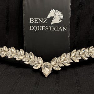 May include: A silver and crystal horse browband with a leaf design. The browband is on a black background with the text "Benz Equestrian" visible.
