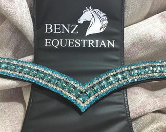 Turquoise Crystal V-Shape Browband: Black Leather Horse Bridle, Hand Stitched