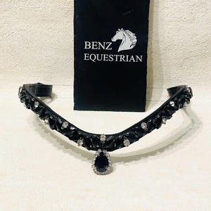Black Leather Crystal Browband: Quick Snap U Shape - Horse Bridle