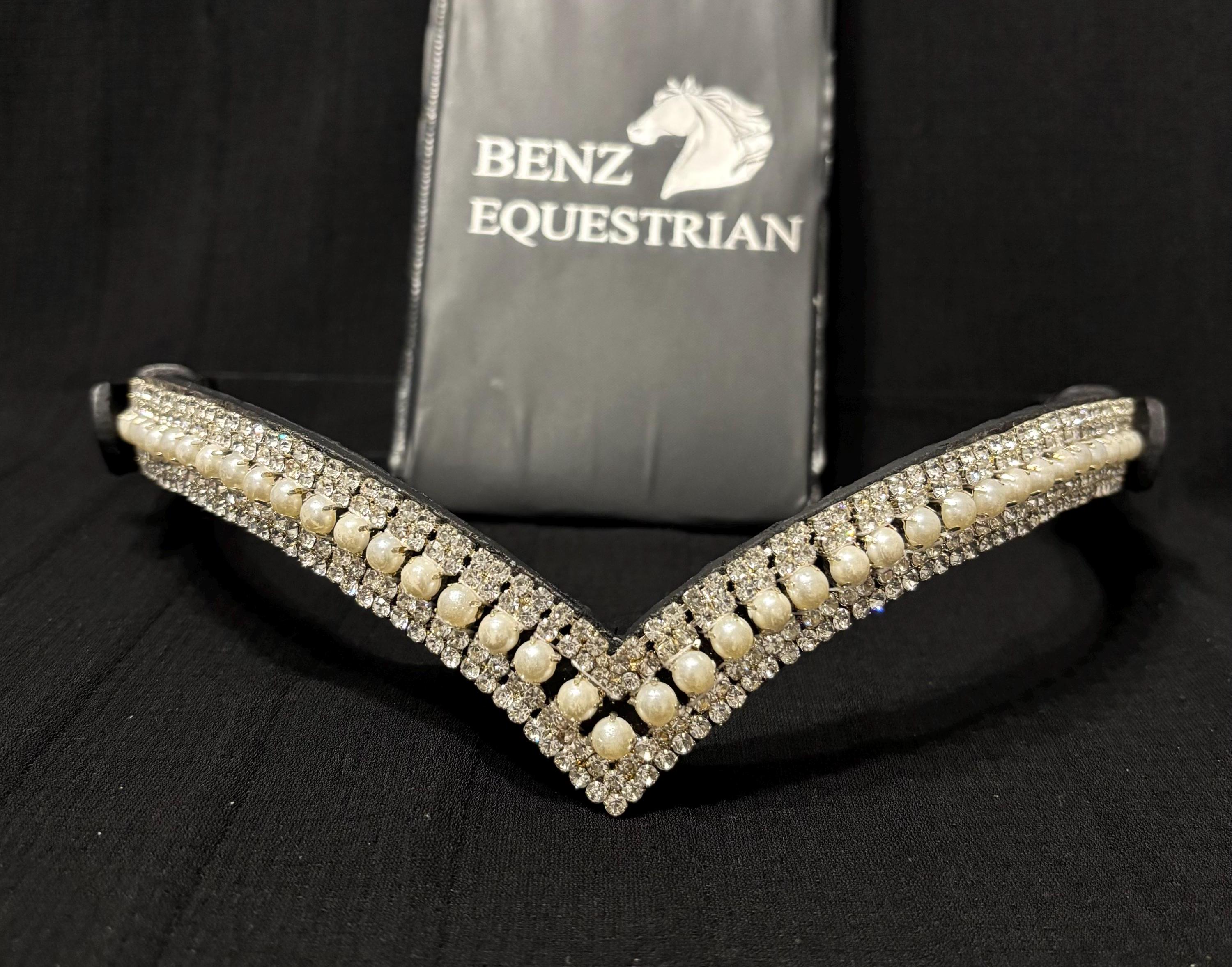 Cwell Equine Look U - Fascia Per Frontalino Cavallo Con Cristalli - Rosa/Perla, 5 File, Pelle Nera, Regolabile 35/40/40,6 Cm
