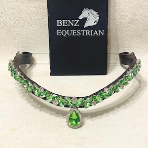 Green Crystal Browband: Black Leather Horse Bridle - Quick Snap