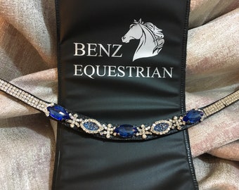 Sapphire Blue & Clear Crystal browband curve U Shape in pony cob Full and Xfull Size Horse in black and brown leather Dressage bridle.