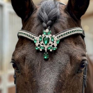 Frontalera de caballo con cristales verde esmeralda en forma de lágrima - Brida de doma de cuero negro con cambio rápido