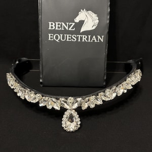 May include: A black leather horse headpiece with a teardrop-shaped crystal pendant and clear rhinestones. The headpiece is adorned with the text "Benz Equestrian".