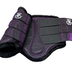 Shimmer Brushing Boots Colour Changing Violet Purple to Black Plum tendon protection dressage fleece fluff Xsmall small medium large xlarge.