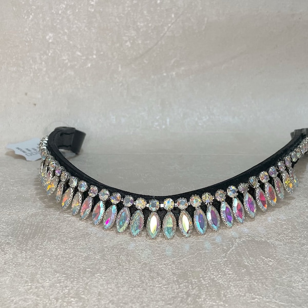 Unicorn Mega Drop Crystal browband curve U Shape rainbow Multicolour  in pony cob Full and xfull Size black leather Dressage bridle