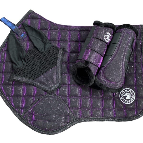 Juego de mantillas brillantes que cambian de color: contacto cercano, botas de cepillado para caballos, velo/gorro antimoscas
