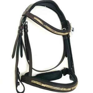 Anatomical Snaffle Bridle: Padded Gold SnakeSkin, Black & Brown Leather