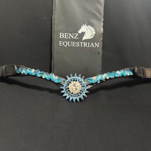 Frontalera de cristal transparente turquesa y plateado Sunshine en cuero negro, cambio fácil, cierre rápido