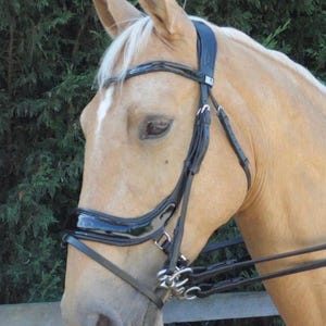 Patent Snaffle Bridle with Reins Padded Comfort cutback Headpiece Noseband Pony Cob Full xfull Horse Jumping dressage Black & Havana Brown