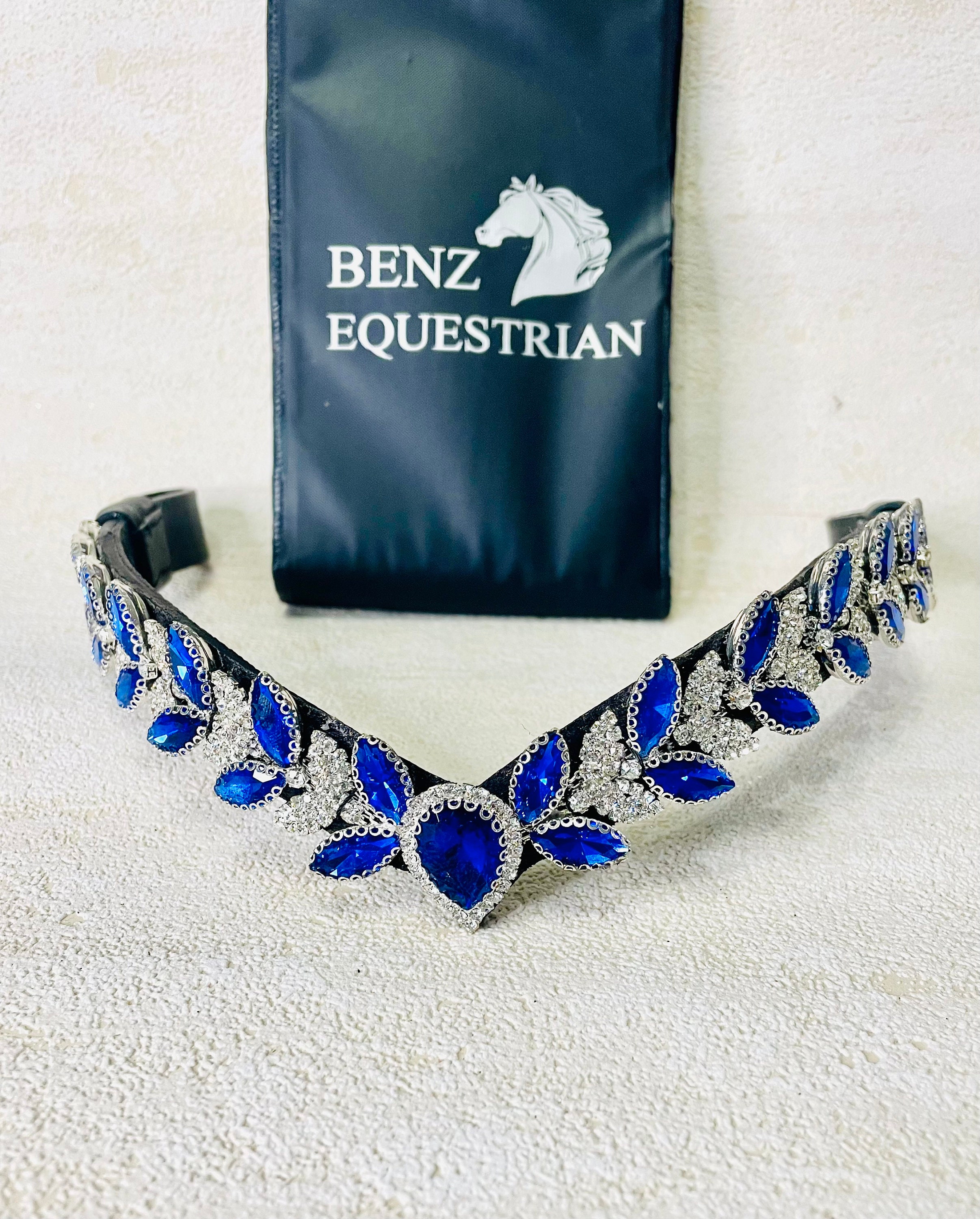 Royal Blue Crystal V-Shape Browband: Black Leather Horse Bridle